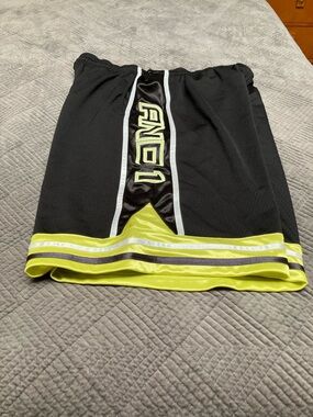 And1 Black Shorts with Neon Yellow Drawcords and Silver Logo, inseam 11”. 661